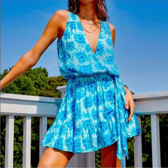 Ramy Brook Maeve Dress Blue White Watercolor Mini Sleeveless Wrap Size Small - Picture 1 of 9